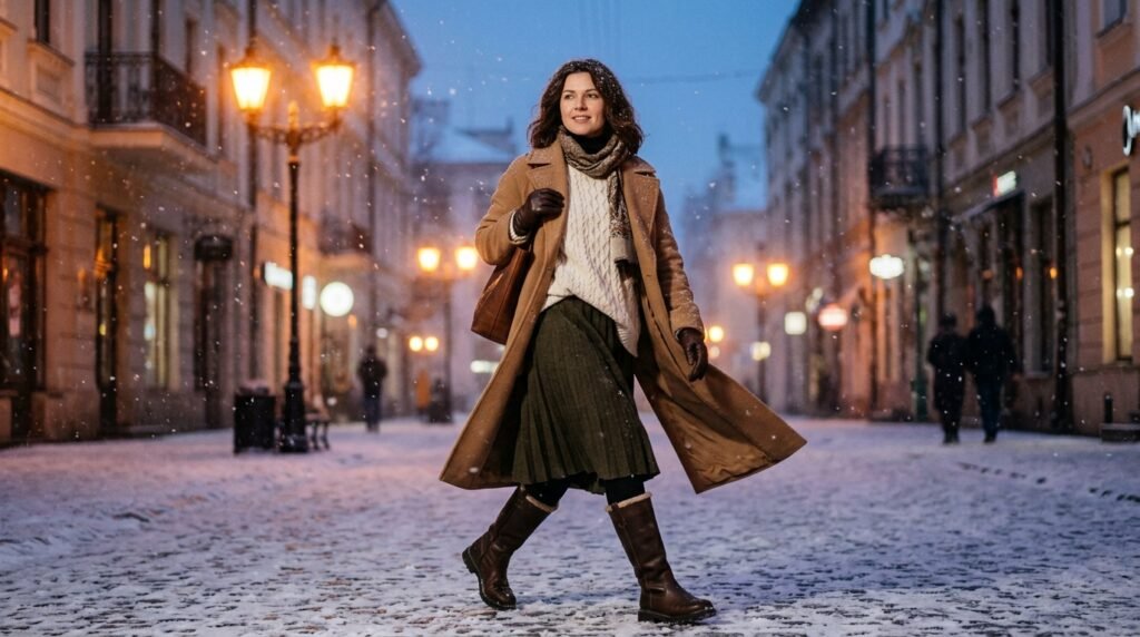Кінематографічний зимовий образ жінки в шаруванні зі спідницею міді, щільні колготки та чоботи, снігопад Київ 2026