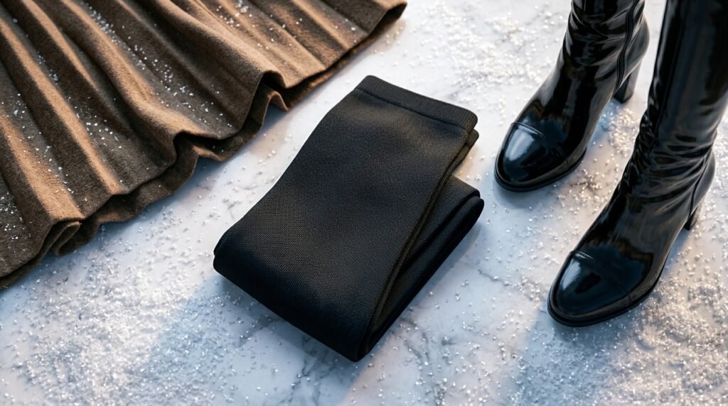 Макро flat lay щільних зимових колготок 120 den з чоботами та спідницею