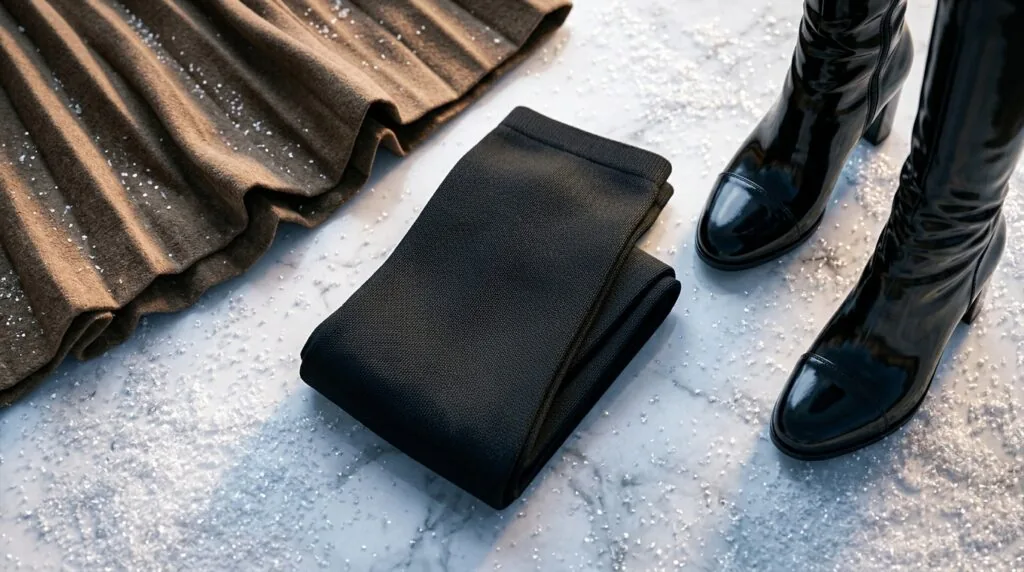 Макро flat lay щільних зимових колготок 120 den з чоботами та спідницею