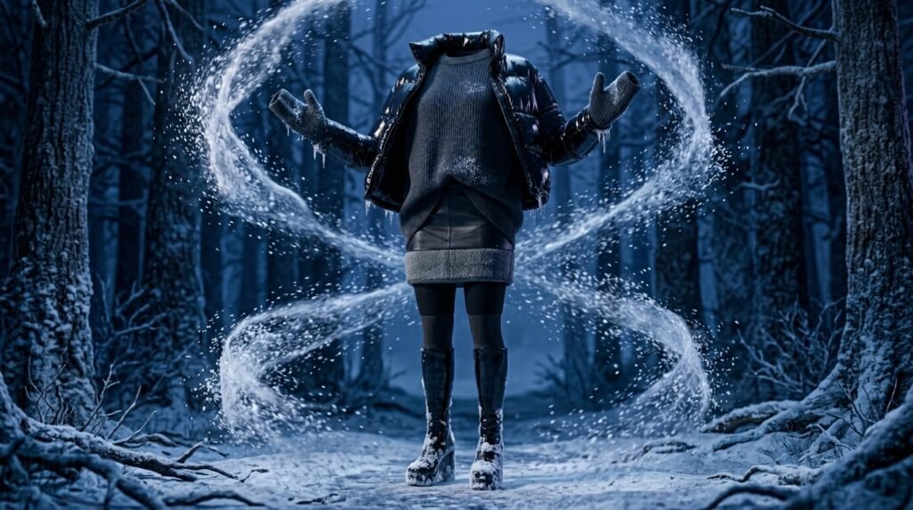 Динамічний still life міні-спідниці з пуховиком у крижаному лісі