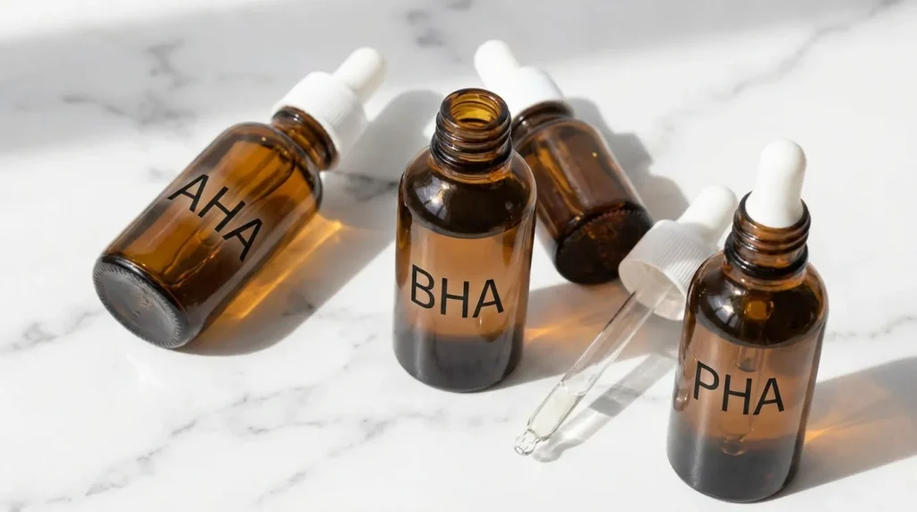 пляшечки з кислотами AHA BHA PHA для догляду за шкірою обличчя