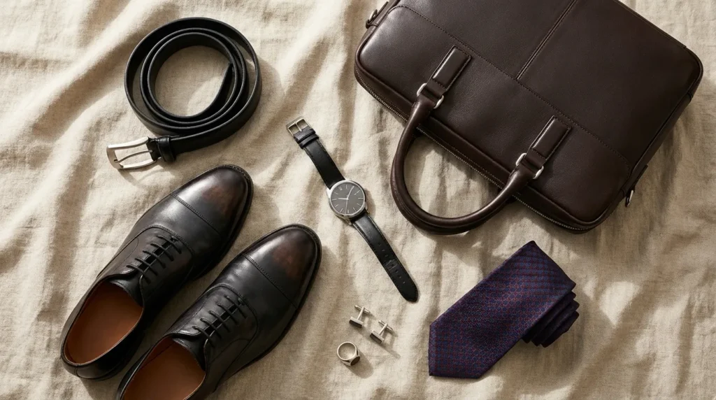 Ділові аксесуари — взуття, ремінь, годинник, сумка для правил етикету в одязі