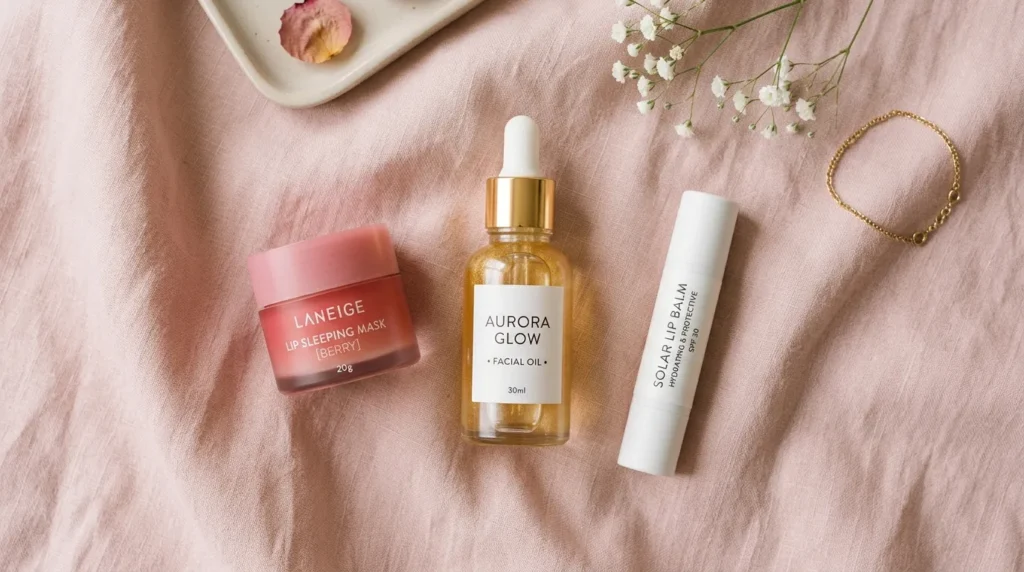 Бальзам для губ з SPF, олія та нічна маска на рожевій тканині