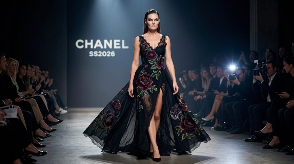 Модель у сукні з темним квітковим принтом dark romance, подіум Chanel 2026
