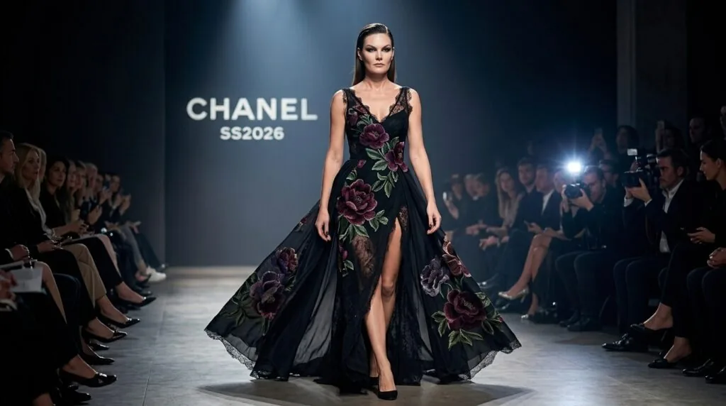 Модель у сукні з темним квітковим принтом dark romance, подіум Chanel 2026