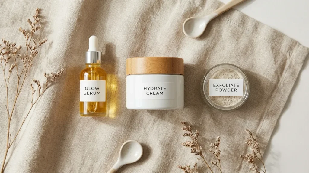 Три форми вітаміну С у косметиці: сироватка, крем і порошок на лляній поверхні