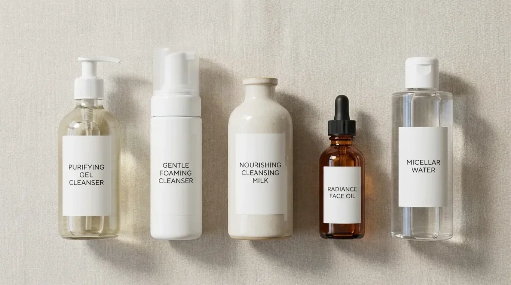 різні форми засобів для вмивання: гель, піна, молочко, олія