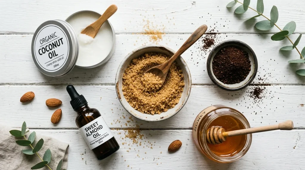 Інгредієнти для домашнього скрабу для губ: цукор, мед та олії