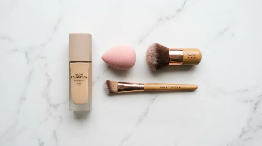 Спонж, плоский пензель і кабукі для нанесення тонального крему на білому мармурі