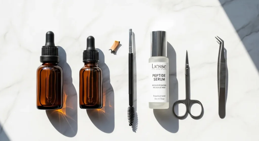 Інструменти та засоби для самостійного догляду за бровами: олії, сироватка, пінцет, ножиці, спулер