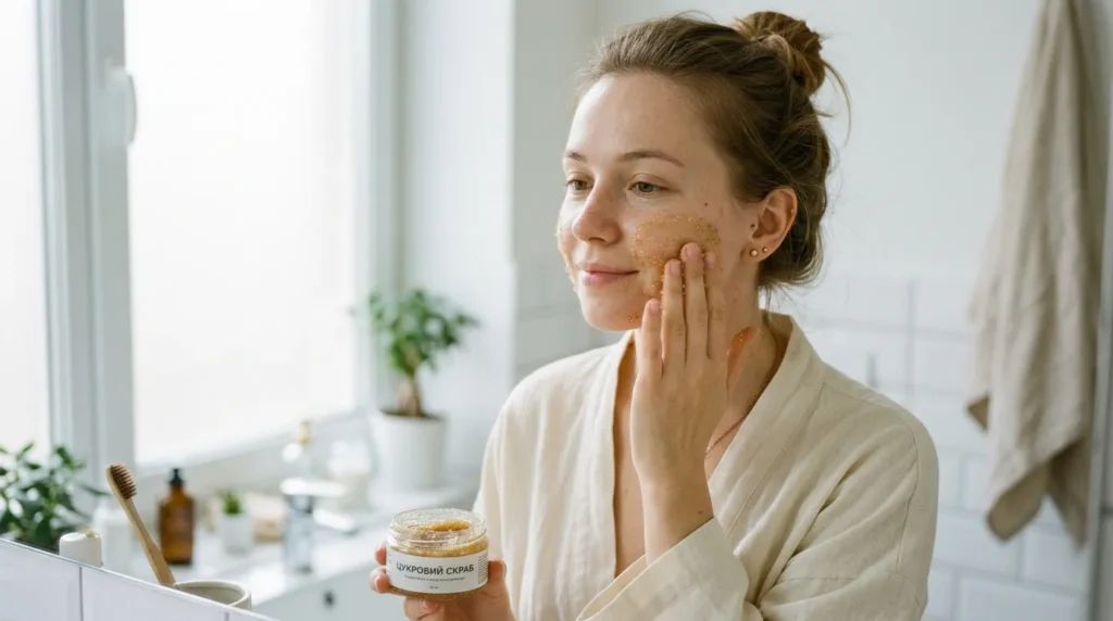 жінка наносить цукровий скраб на обличчя вдома