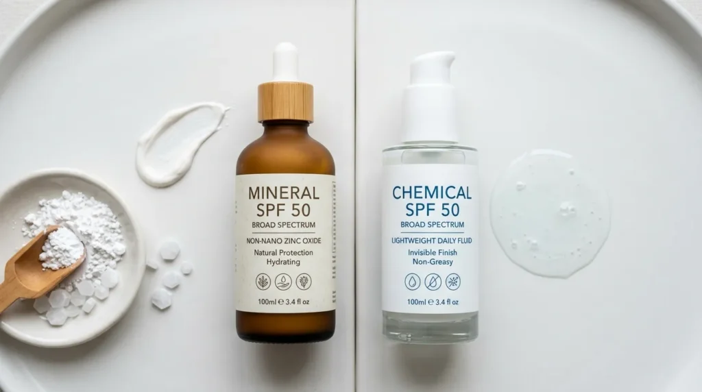 мінеральний та хімічний SPF крем для обличчя порівняння на білому фоні