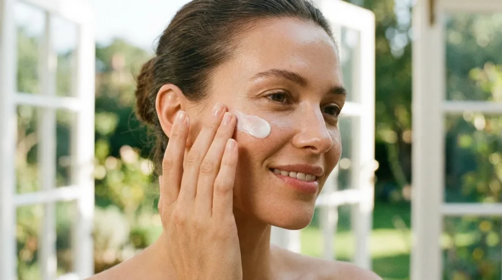нанесення сонцезахисного крему SPF на шкіру обличчя вранці