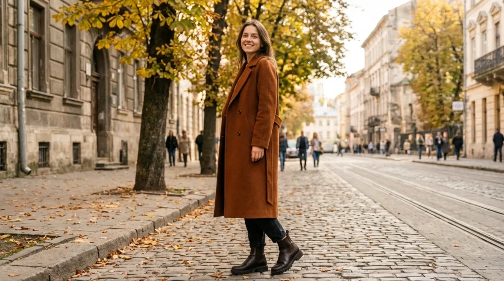 жінка в пальто з масивними черевиками — приклад поєднання верхнього одягу і взуття