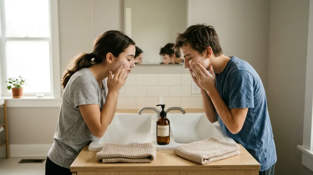 Підлітки правильно вмиваються двічі на день як частина базового догляду за шкірою обличчя