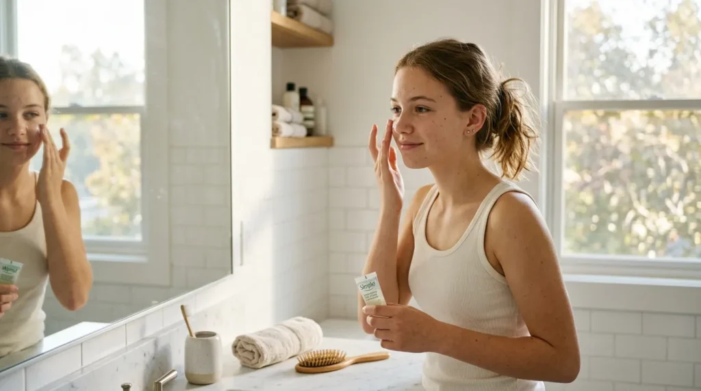 Підліток наносить зволожувальний крем вранці як частину базової рутини догляду за шкірою