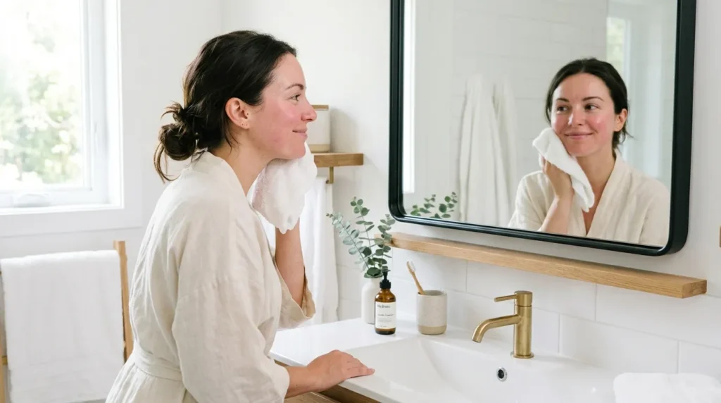 Жінка промокає обличчя м’якою тканиною після лазерної процедури — правильна техніка очищення