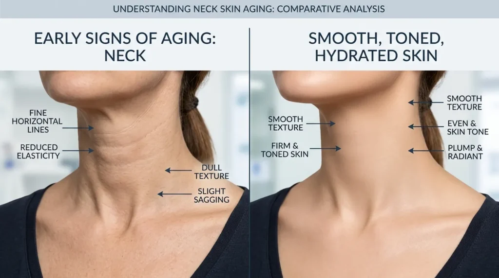 Порівняння шкіри шиї без догляду та після регулярного антивікового догляду