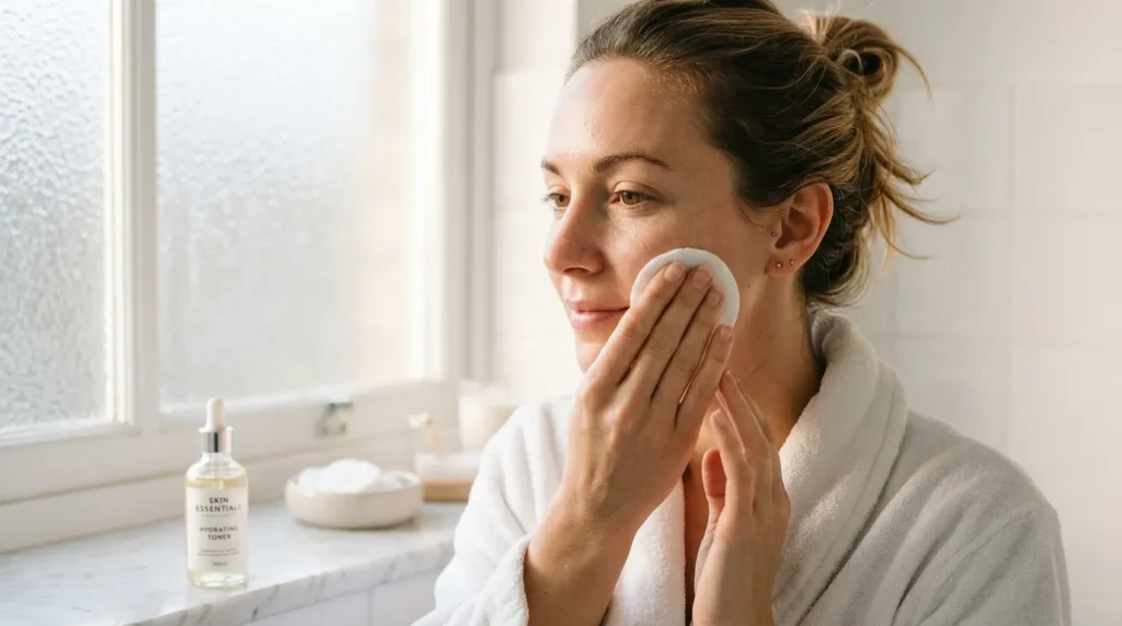 жінка виконує ранковий догляд за комбінованою шкірою обличчя