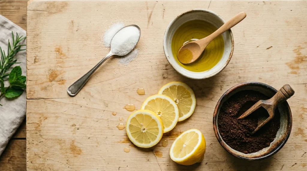 Інгредієнти для домашніх рецептів пілінгу — цукор, оливкова олія, кавова гуща та лимон
