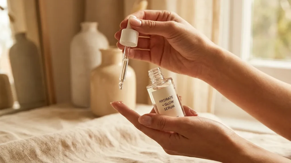 Нанесення сироватки для обличчя краплями на шкіру як крок нічного догляду