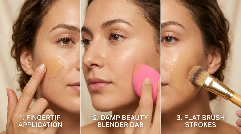 Три способи нанесення тонального крему — пальцями, спонжем і пензлем на обличчя