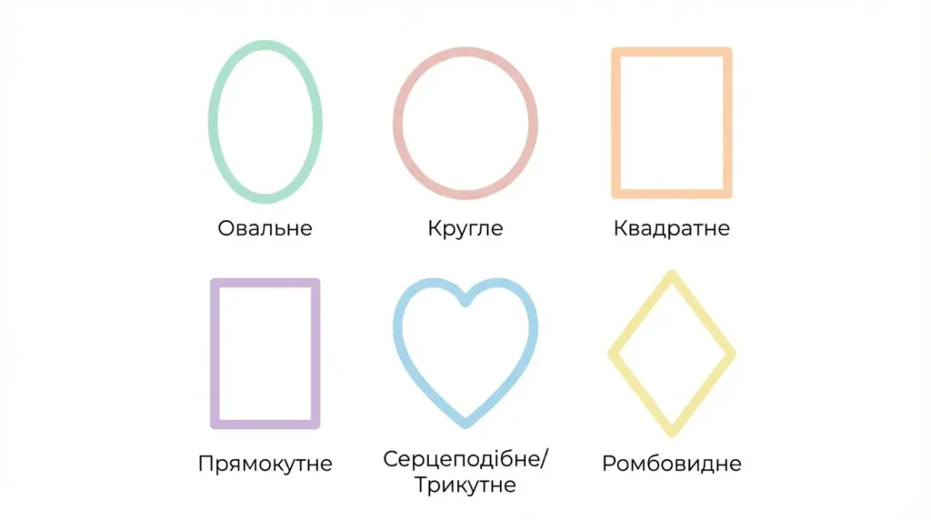 інфографіка шість типів форми обличчя — овальне кругле квадратне прямокутне трикутне ромбоподібне