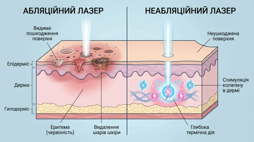 Порівняння впливу абляційного та неабляційного лазера на шкіру — схема