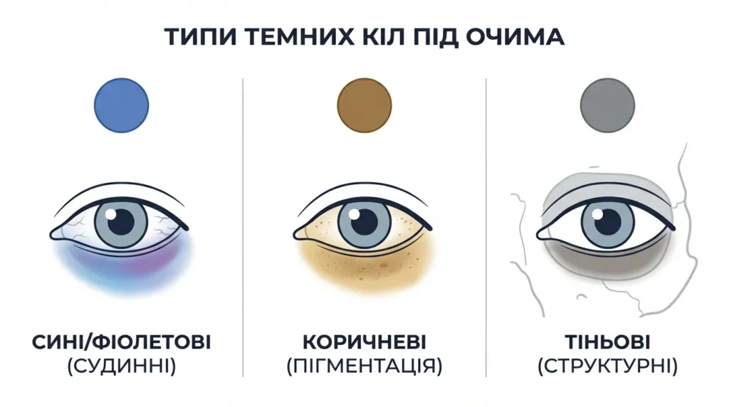 типи темних кіл під очима — судинні, пігментаційні, структурні