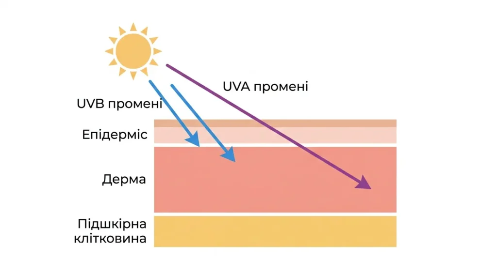 схема проникнення UVA і UVB променів у шари шкіри