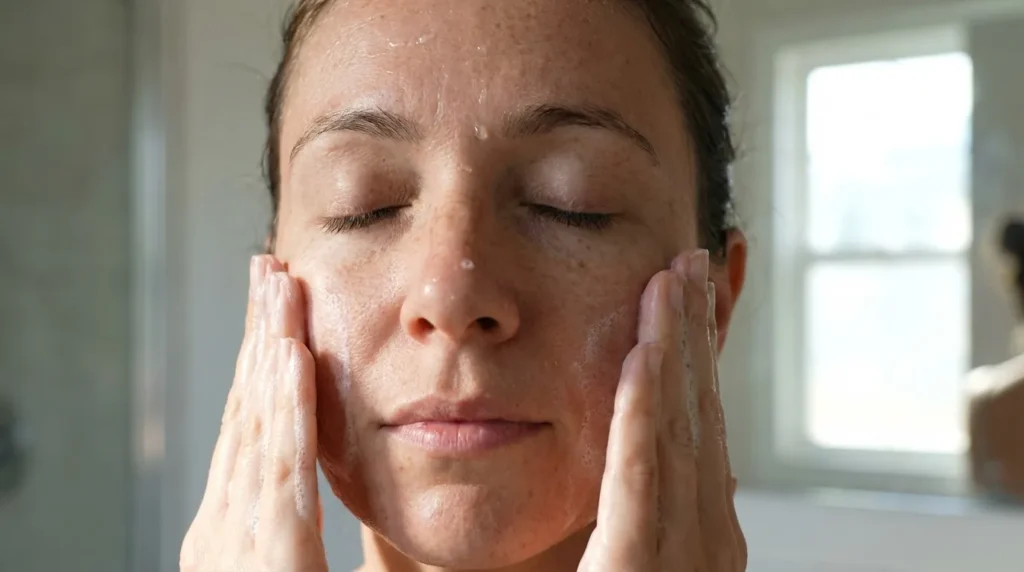 жінка вмивається засобом для вмивання обличчя