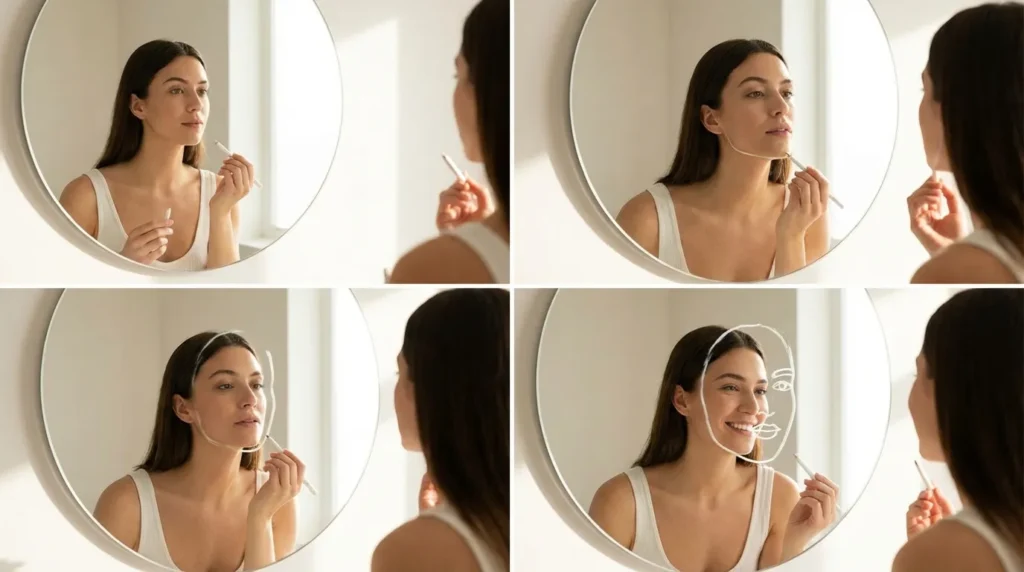 жінка визначає форму обличчя перед дзеркалом олівцем