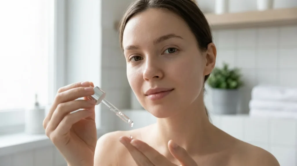 Жінка наносить сироватку з вітаміном С на шкіру обличчя вранці — правильна техніка нанесення