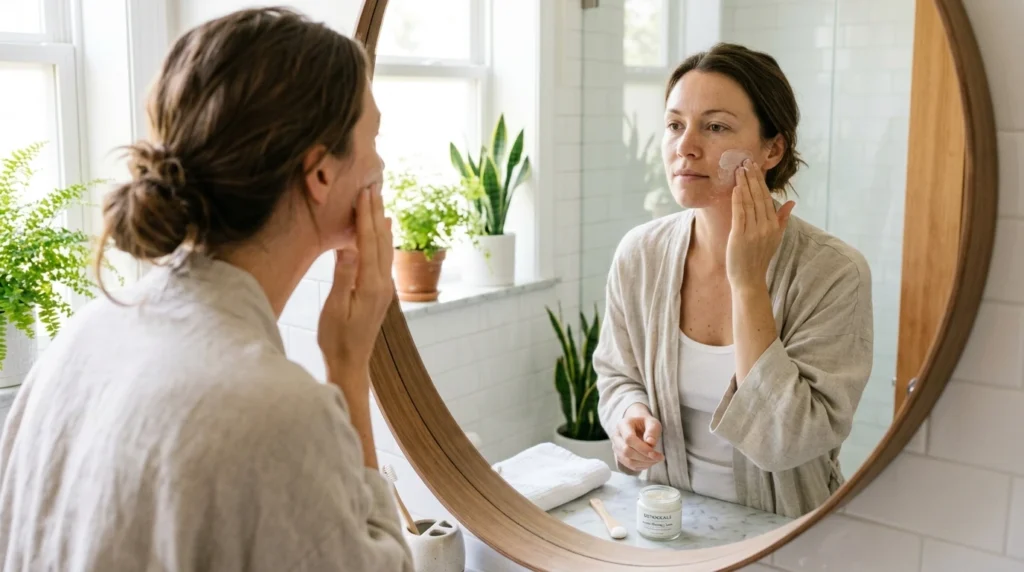 Жінка наносить хімічний пілінг на обличчя в домашніх умовах — покрокова інструкція