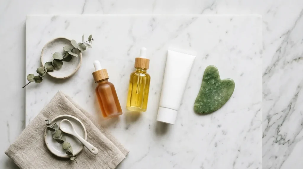 Косметичні засоби для догляду за шкірою шиї та декольте — сироватка, SPF, олія, гуа-ша