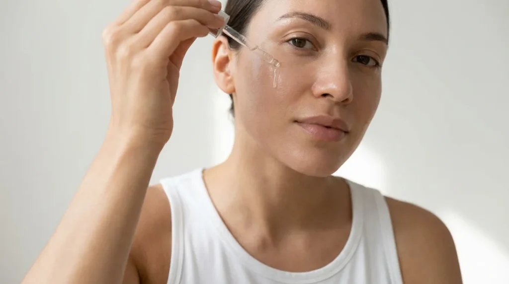 жінка наносить сироватку з кислотою на шкіру обличчя