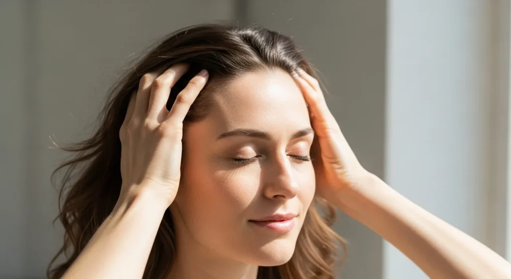 Жінка робить масаж шкіри голови подушечками пальців