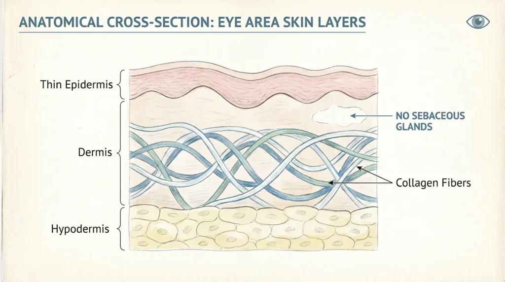 Анатомія шкіри навколо очей — тонкий епідерміс, відсутність сальних залоз, колагенові волокна