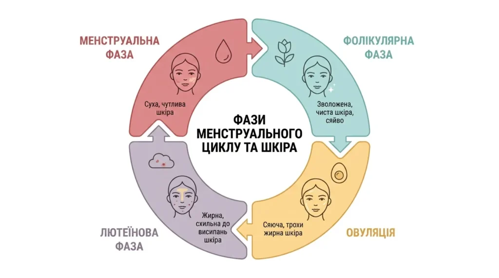 інфографіка фаз менструального циклу та їх вплив на шкіру