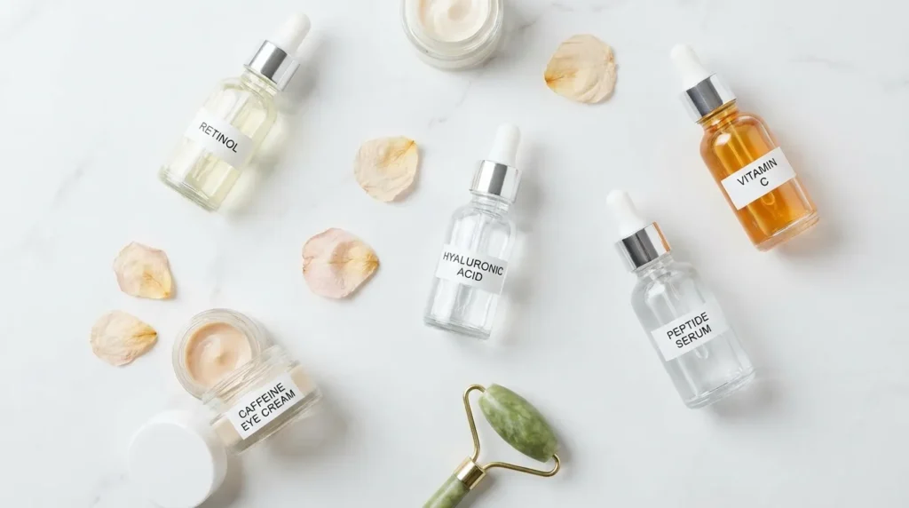 Флет-лей засобів для догляду за шкірою навколо очей після 30 — ретинол, сироватка з пептидами, крем з кофеїном