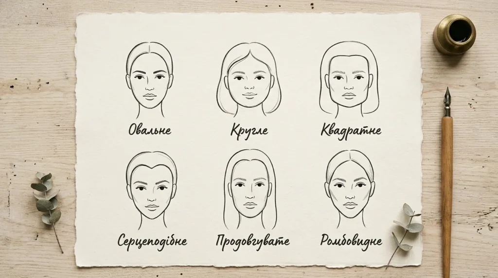 Шість форм обличчя — овальна, кругла, квадратна, серцеподібна, довгаста, ромбоподібна — схема визначення