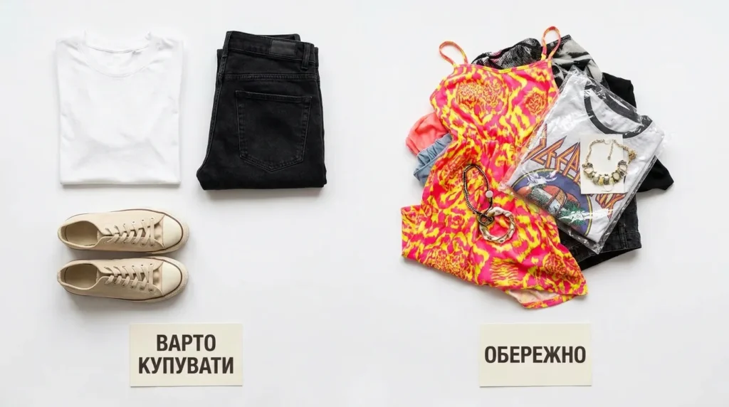 порівняння базового та трендового одягу для покупки на розпродажі