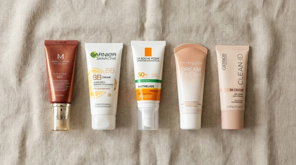 топ 5 BB кремів 2026 Missha Garnier La Roche-Posay Maybelline Catrice на бежевому фоні