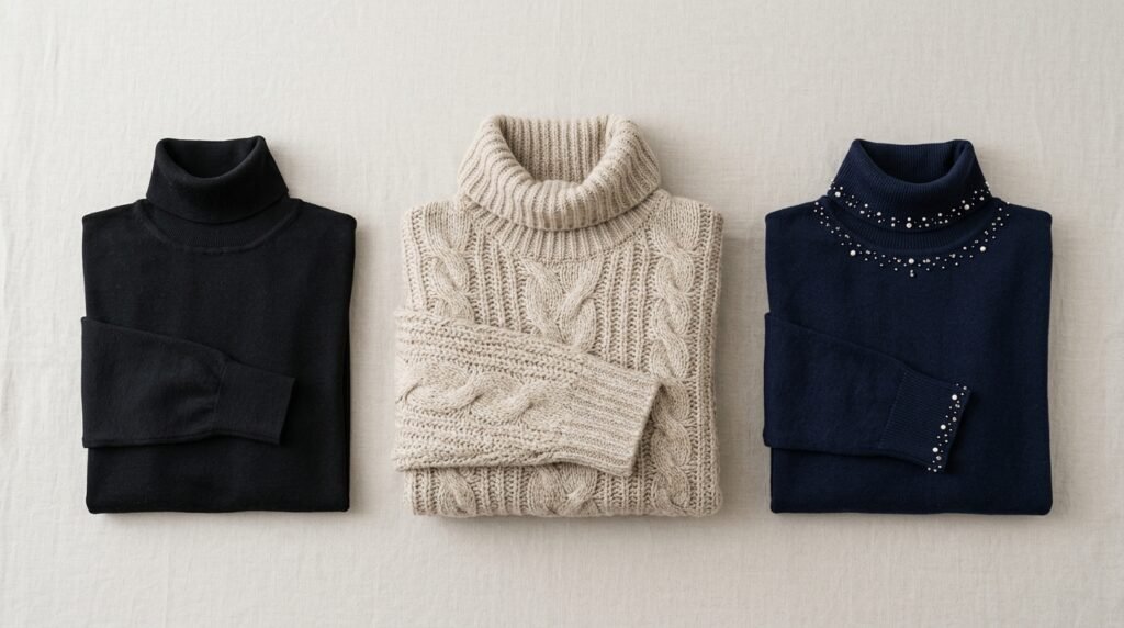  Three turtlenecks displayed side by side: classic, oversized, decorated. Flat lay on light background, product photography style