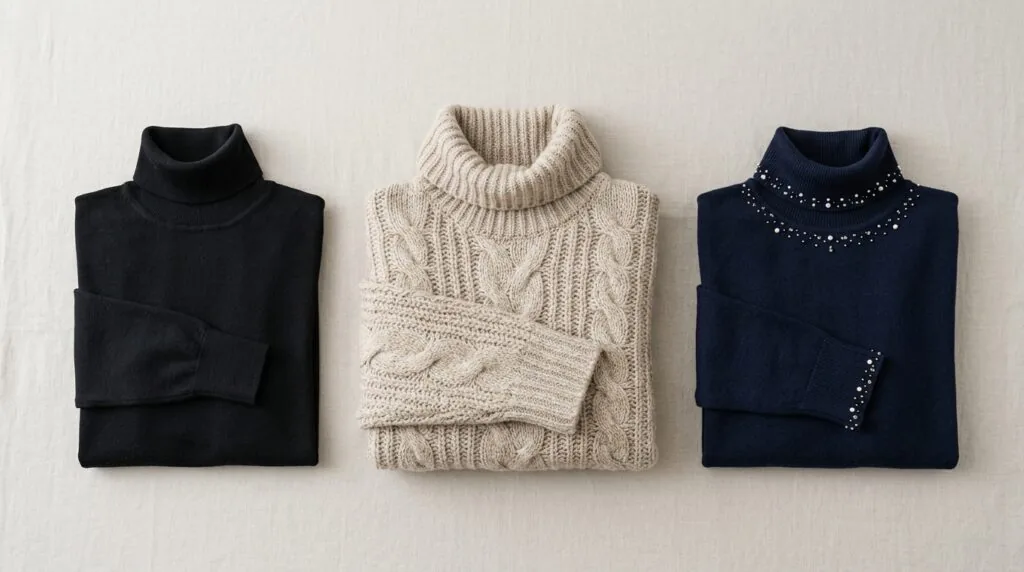  Three turtlenecks displayed side by side: classic, oversized, decorated. Flat lay on light background, product photography style