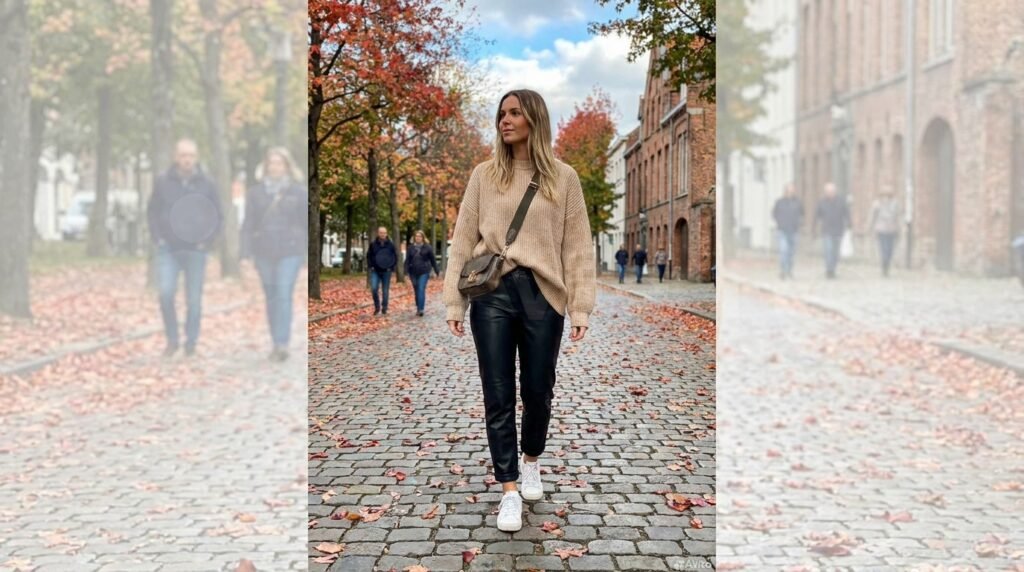 повсякденний casual look зі шкіряними штанами та светром
