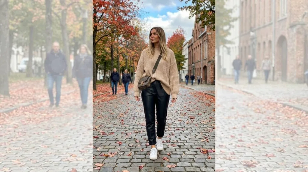 повсякденний casual look зі шкіряними штанами та светром