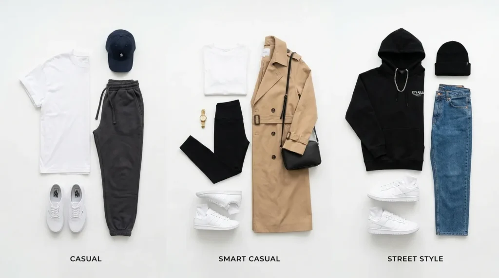 Три варіанти образів у спортивному стилі: прогулянка, smart casual і вуличний стиль