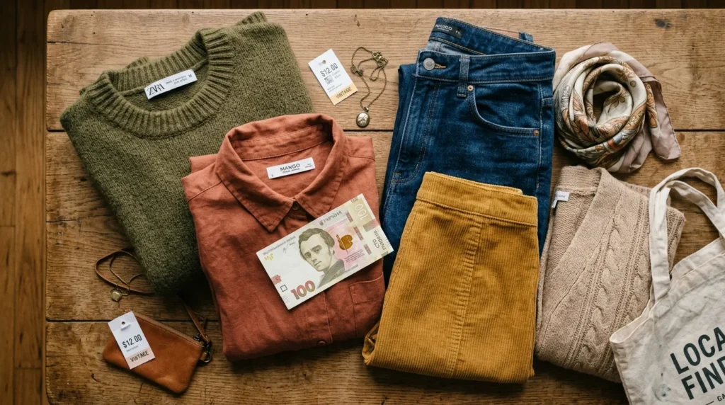 Брендовий одяг знайдений у секонд-хенді — Zara, Mango, складений на дерев’яній поверхні