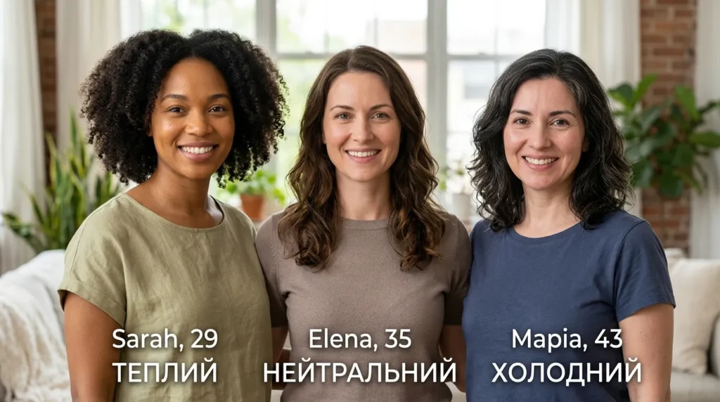 Порівняння теплого, нейтрального і холодного підтону шкіри на трьох жіночих обличчях
